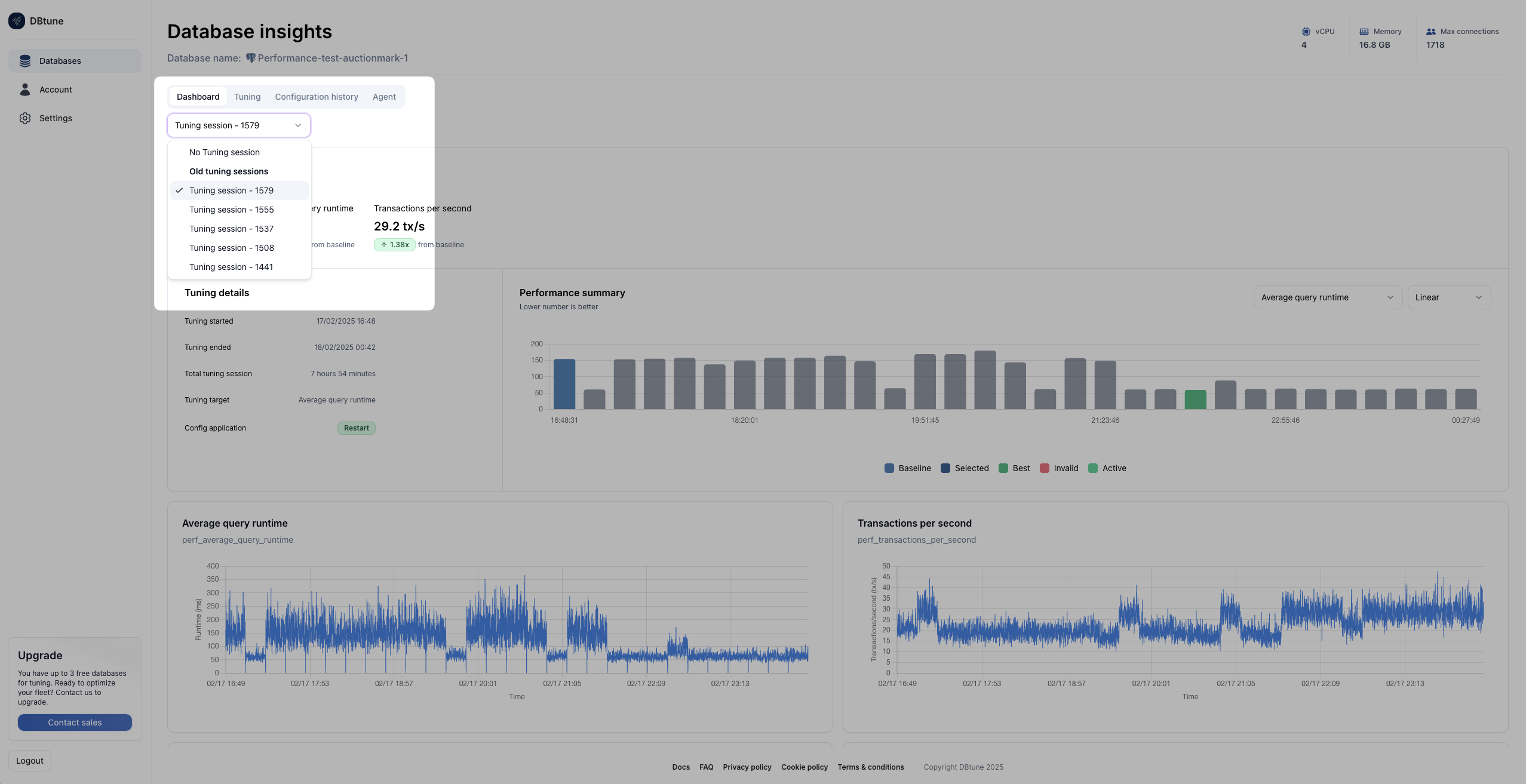 Tuning sessions dropdown